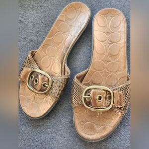 Women's Coach Leather Bronze Slide Sandals